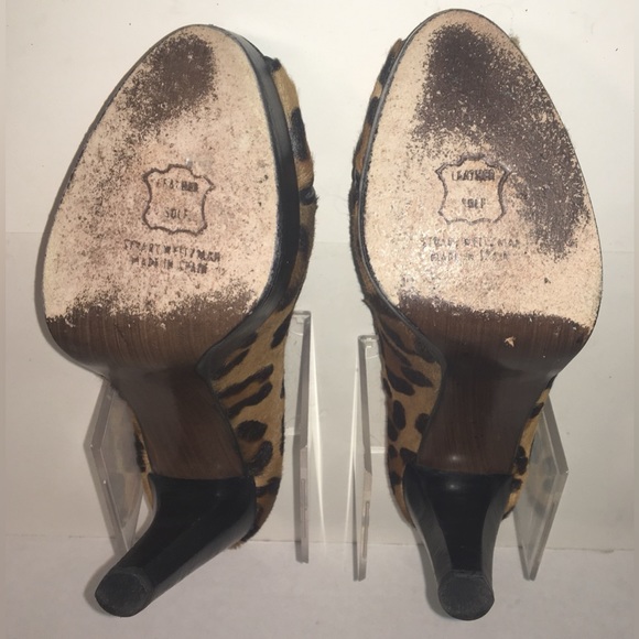STUART WEITZMAN Size 7.5 Leopard Print Calf Hair Peep Toe 4” Heels Wood - Picture 11 of 11